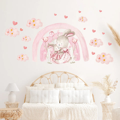 2pcs Cartoon Cute Rabbit Pink Balloon Clouds Wall Stickers for Kids Room Decor Children's Living Room Nursery Wall Decoration