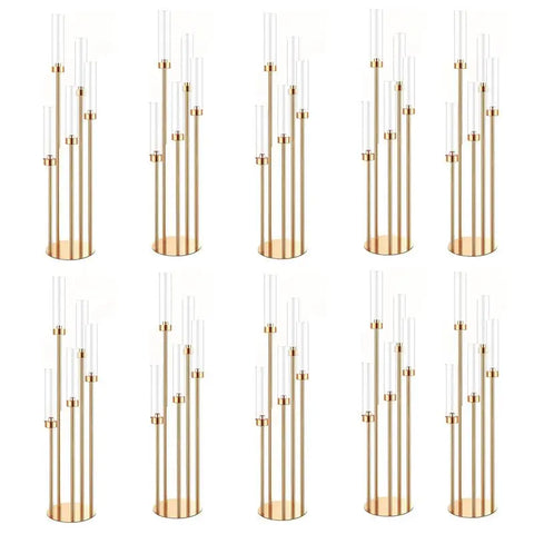 10pcs 5/8 Heads Metal Candelabra Candle Holders Road Lead Table Centerpiece Gold Candelabrum Stand Pillar Candlestick wedding