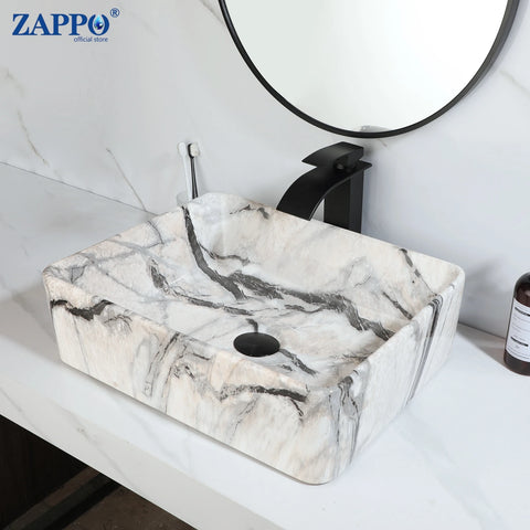 ZAPPO Black Bathroom Vessel Sink With Faucet and Drain, 19"x15"x6" Rectangular Vessel Sink Black Marble Bowl Sinks for Bathroom