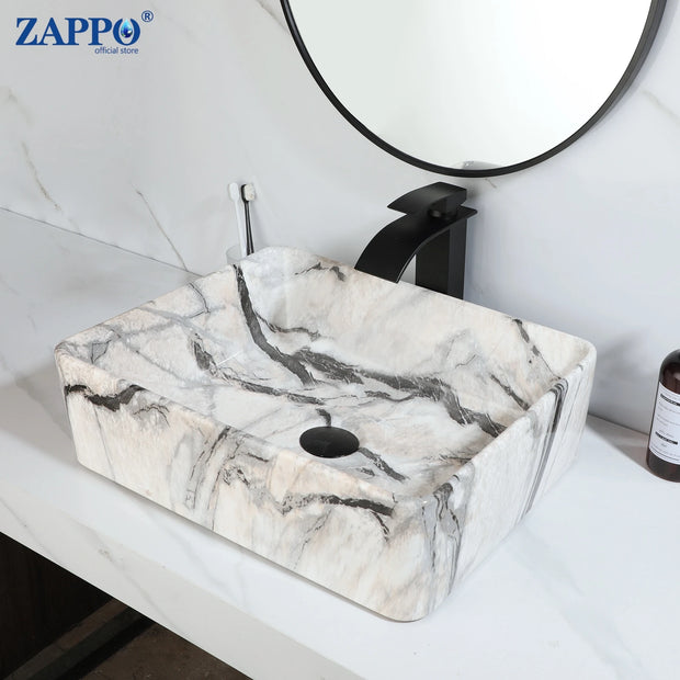 ZAPPO Black Bathroom Vessel Sink With Faucet and Drain, 19"x15"x6" Rectangular Vessel Sink Black Marble Bowl Sinks for Bathroom