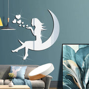 3d Girl On Moon Mirror Stickers Valentine'S Day Wallpaper Acrylic Waterproof Self-Adhesive Paper Wall Stickers For Living Room