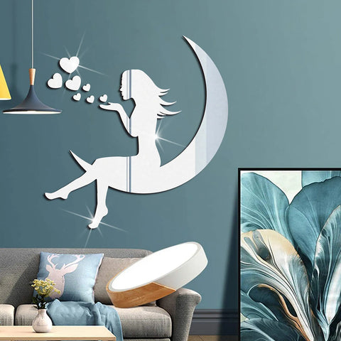3d Girl On Moon Mirror Stickers Valentine'S Day Wallpaper Acrylic Waterproof Self-Adhesive Paper Wall Stickers For Living Room