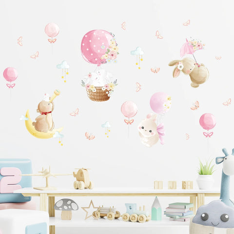 2pcs Cartoon Cute Rabbit Pink Balloon Clouds Wall Stickers for Kids Room Decor Children's Living Room Nursery Wall Decoration