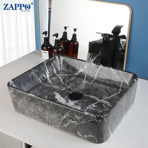 ZAPPO Black Bathroom Vessel Sink With Faucet and Drain, 19"x15"x6" Rectangular Vessel Sink Black Marble Bowl Sinks for Bathroom