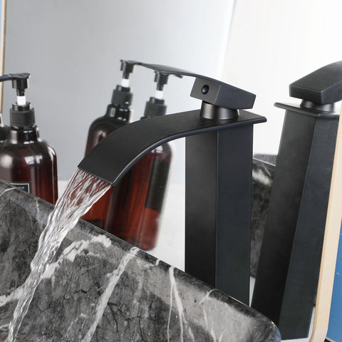 ZAPPO Black Bathroom Vessel Sink With Faucet and Drain, 19"x15"x6" Rectangular Vessel Sink Black Marble Bowl Sinks for Bathroom