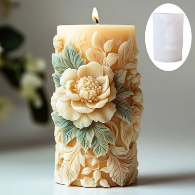 Blooming peony flower relief cylindrical candle silicone mold flower cylinder resin silicone mould Blooming peony gypsum molds