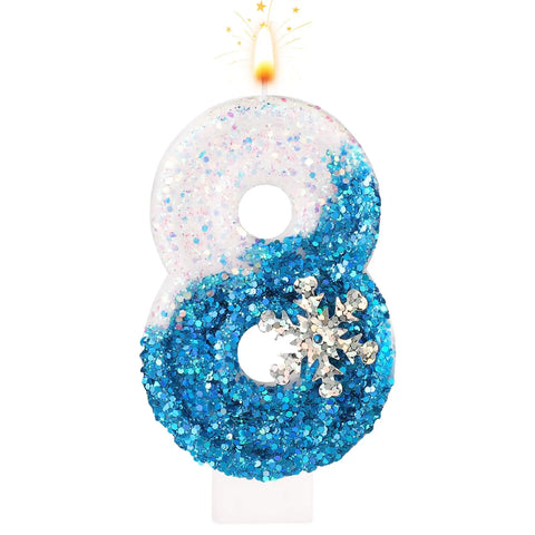 Frozen Birthday Candles 0-9, Snowflake Glitter Number Candles White and Blue Cake Decorations for Kids Adults Birthday Wedding
