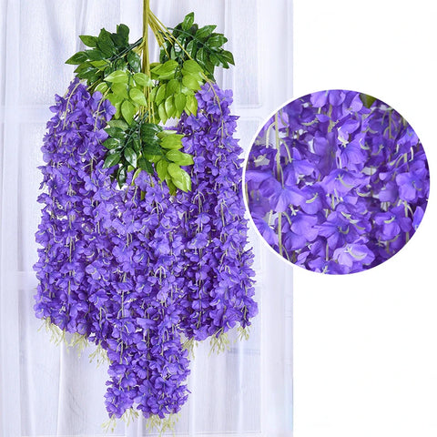 12pcs Wisteria Artificial Flowers Vine Wreath Wedding Arch Decoration Leaf Rattan Trailing Silk Flower Ivy Wall Decor Plants