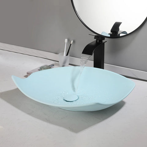 Torayvino Polymer Skin Feel Art Basin Bathroom Vessel Vanity Counter Top Washbasin w/ Mixer Waterfall Faucet & Pop-up Drain Set