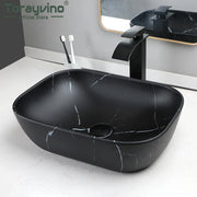 Torayvino Marbla Bathroom Vessel Sink Counter Top Ceramic Vanity Basin with Black Mixer Waterfall Faucet and Pop-up Drain Set