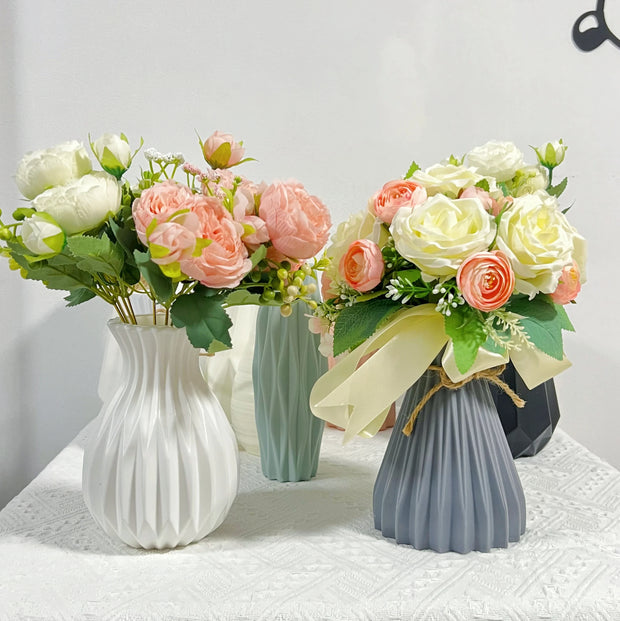 Plastic Flower Vase Imitation Ceramic White Flower Pot Basket Nordic Home Living Room Decoration Ornament Flower Arrangement