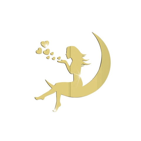 3d Girl On Moon Mirror Stickers Valentine'S Day Wallpaper Acrylic Waterproof Self-Adhesive Paper Wall Stickers For Living Room