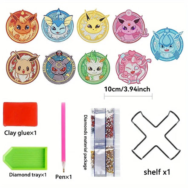 6/8/9/12pcs DIY Pokémon Diamond Painting Cousters Cute Cartoon Rhinestones Art Mosaic Cup Pad Table Placemat Home Decor Gift