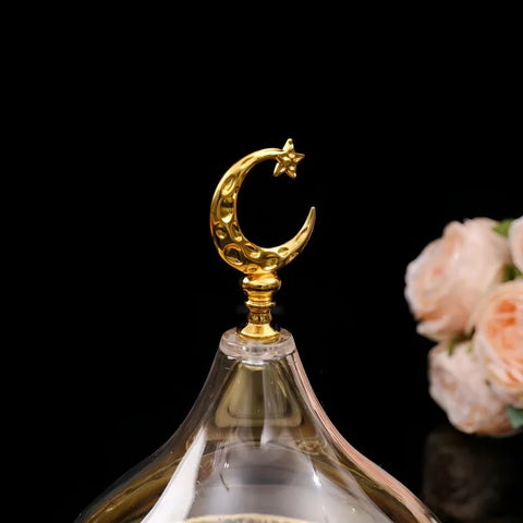 Metal Ramadan Tray with Clear Domed Lid Mini Cake Candy Sealed Tray Reusable Dessert Tray Round Carved Moon Serving