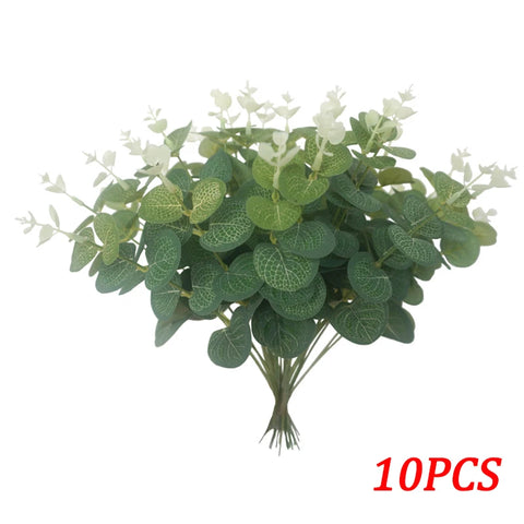 12/10PCS  Eucalyptus Leaves Bunch Branch Artificial Plastic Plants Leaves Green Stems Wedding Faux Fake Flowers Cake DIY Decor