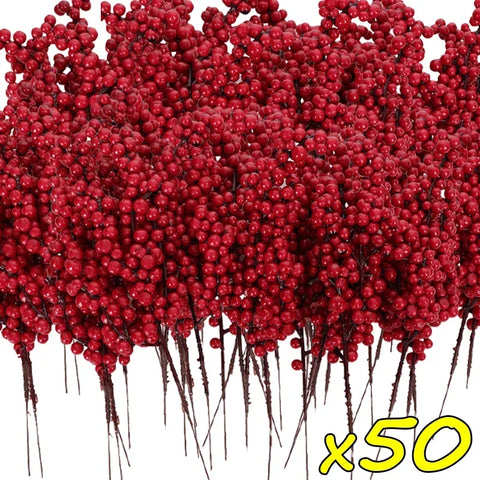 50/1branch Christmas Artificial Berries Stem Red Holly Berry Fake Flowers Plant for Xmas Tree New Year Party Home Decor Ornament