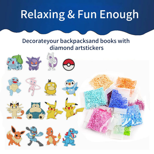 5D Diamond Painting Stickers Cartoon Game Pokemon Pikachu  DIY Casual Stickers Handmade Lovers School Bag Decoration Paintings