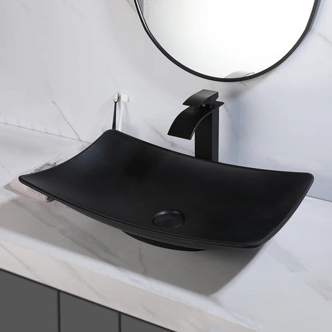 Torayvino Polymer Skin Feel Art Basin Bathroom Vessel Vanity Counter Top Washbasin w/ Mixer Waterfall Faucet & Pop-up Drain Set