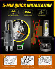 2x High Power H4 LED Headlight 1:1 Mini Size Headlamp 20000LM 6500K Car Lamps Super Bright Plug and Play Car Headlight Bulbs