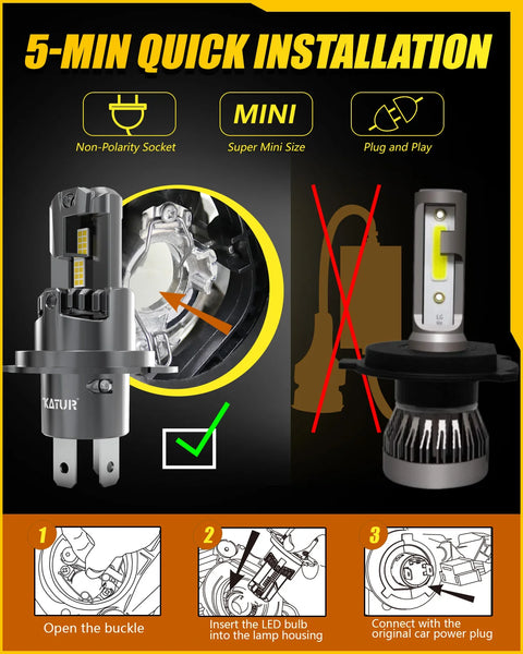 2x High Power H4 LED Headlight 1:1 Mini Size Headlamp 20000LM 6500K Car Lamps Super Bright Plug and Play Car Headlight Bulbs