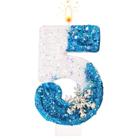 Frozen Birthday Candles 0-9, Snowflake Glitter Number Candles White and Blue Cake Decorations for Kids Adults Birthday Wedding
