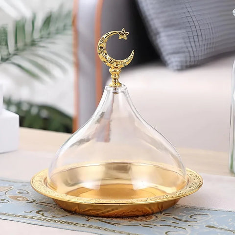 Metal Ramadan Tray with Clear Domed Lid Mini Cake Candy Sealed Tray Reusable Dessert Tray Round Carved Moon Serving