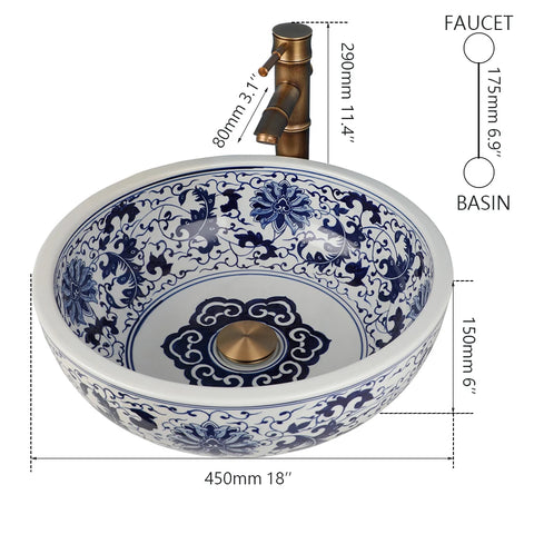 Torayvino Round Bathroom Ceramic Lavatory Bath Blue and White Porcelain Mixer Washbasin Vessel Sink Faucets Set W/ Pop-up Drain