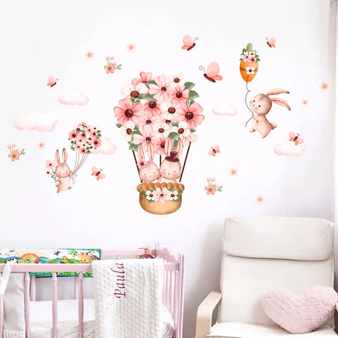 2pcs Cartoon Cute Rabbit Pink Balloon Clouds Wall Stickers for Kids Room Decor Children's Living Room Nursery Wall Decoration