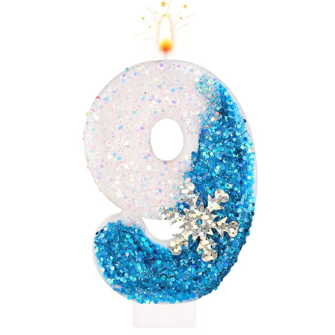 Frozen Birthday Candles 0-9, Snowflake Glitter Number Candles White and Blue Cake Decorations for Kids Adults Birthday Wedding