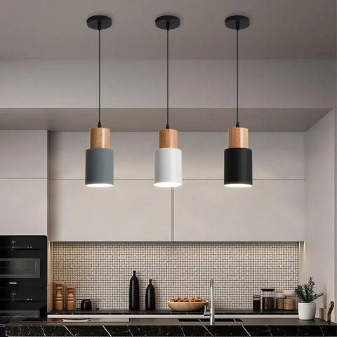 Nordic LED Pendant Lights Metal Wood Chandeliers Hanging Lighting Dining Room Kitchen Bar Bedside Lights Pendant Lamps E27 Bulb