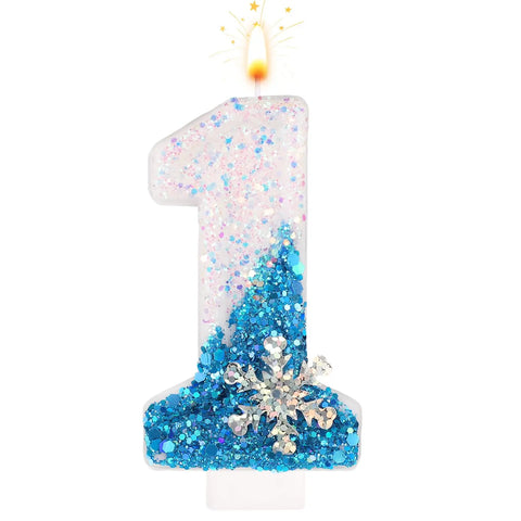Frozen Birthday Candles 0-9, Snowflake Glitter Number Candles White and Blue Cake Decorations for Kids Adults Birthday Wedding