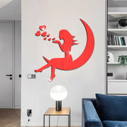 3d Girl On Moon Mirror Stickers Valentine'S Day Wallpaper Acrylic Waterproof Self-Adhesive Paper Wall Stickers For Living Room