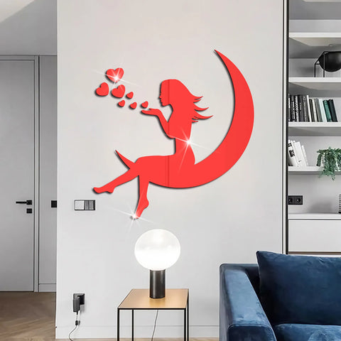 3d Girl On Moon Mirror Stickers Valentine'S Day Wallpaper Acrylic Waterproof Self-Adhesive Paper Wall Stickers For Living Room