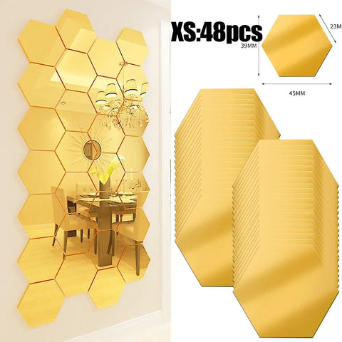Lots Hexagonal Acrylic Mirror Wall Sticker Mini Mirror Solid Paster Self-adhesive Gold Silver Decals Home Bedroom Art Decoration