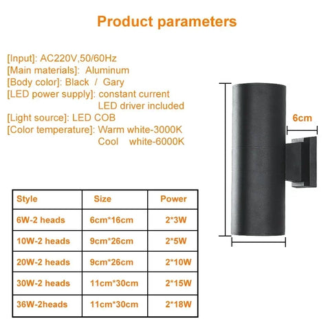 black gray up down outdoor wall light 6W 10W 18W 30W 36W porch garden waterproof home lighting outdoor ZBW0015