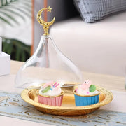 Metal Ramadan Tray with Clear Domed Lid Mini Cake Candy Sealed Tray Reusable Dessert Tray Round Carved Moon Serving