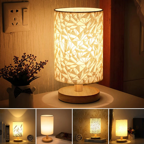 Solid Wood Night Lamp New Linen Table Lamp LED Desk Lamp Eye Protection Nightstand Lamp USB Powered Beside Lamp Bedroom Decor
