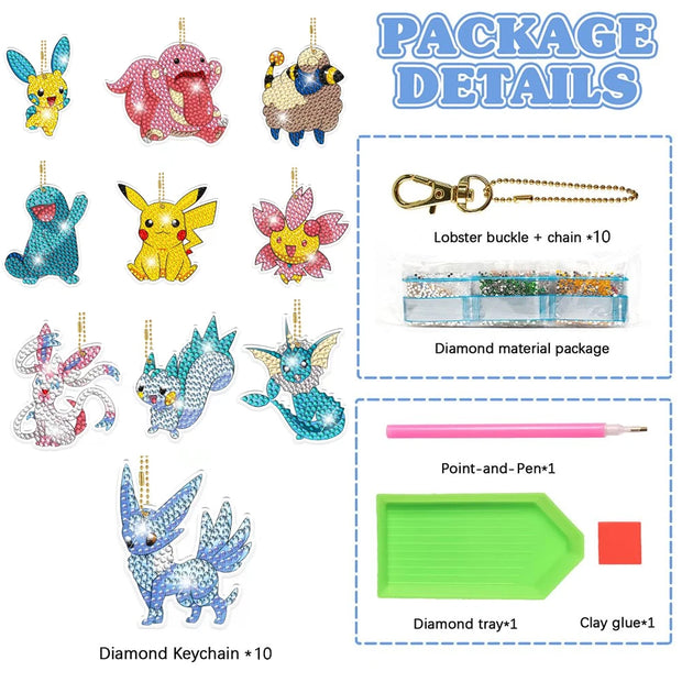 6-12Pcs Pokémon DIY Diamond Painting Keychains Cute Pikachu Rhinestones Art Mosaic Keyring Women Bag Pendant Decor Craft Gift